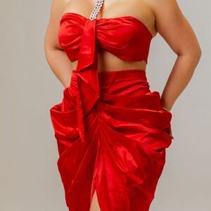 Vibrant Red Mini Bubble Skirt with Ruched Asymmetry